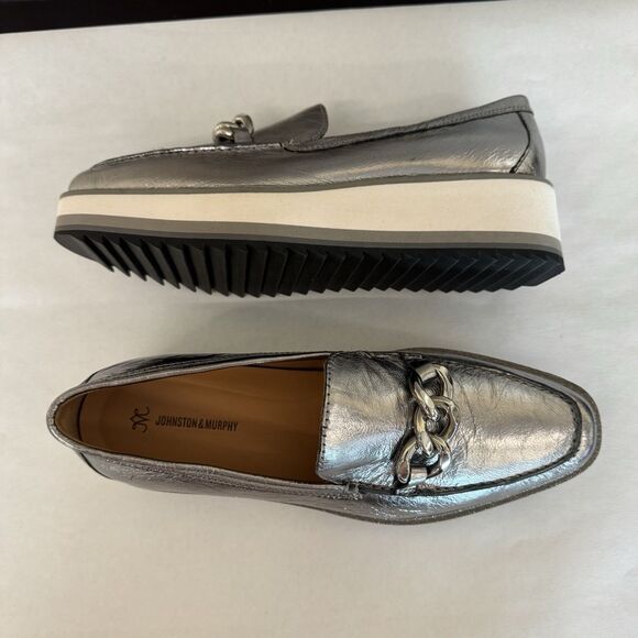 Johnston & Murphy Metallic Silver Platform Wedge Slip On Loafer Women 8 M Chain - Picture 7 of 15